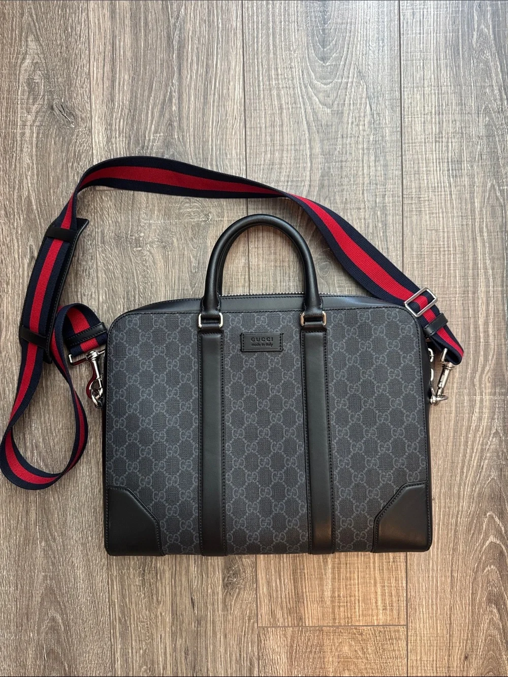Gucci Men's Black-Gray GG Supreme Laptop Briefcase with Red-Blue Web Strap